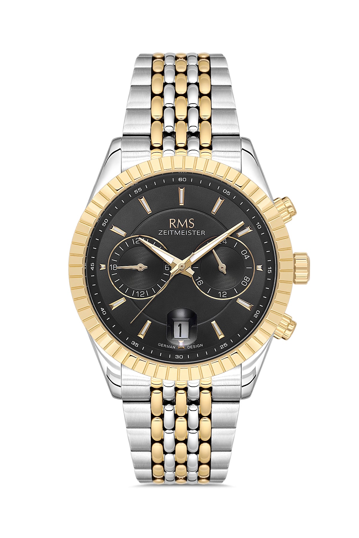 RMS Zeitmeister Black Dial Gold & Silver Plated Men's Watch - Stainless Steel Bracelet - RMS.1.AG2184.42