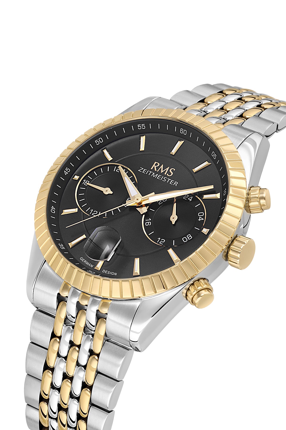 RMS Zeitmeister Black Dial Gold & Silver Plated Men's Watch - Stainless Steel Bracelet - RMS.1.AG2184.42