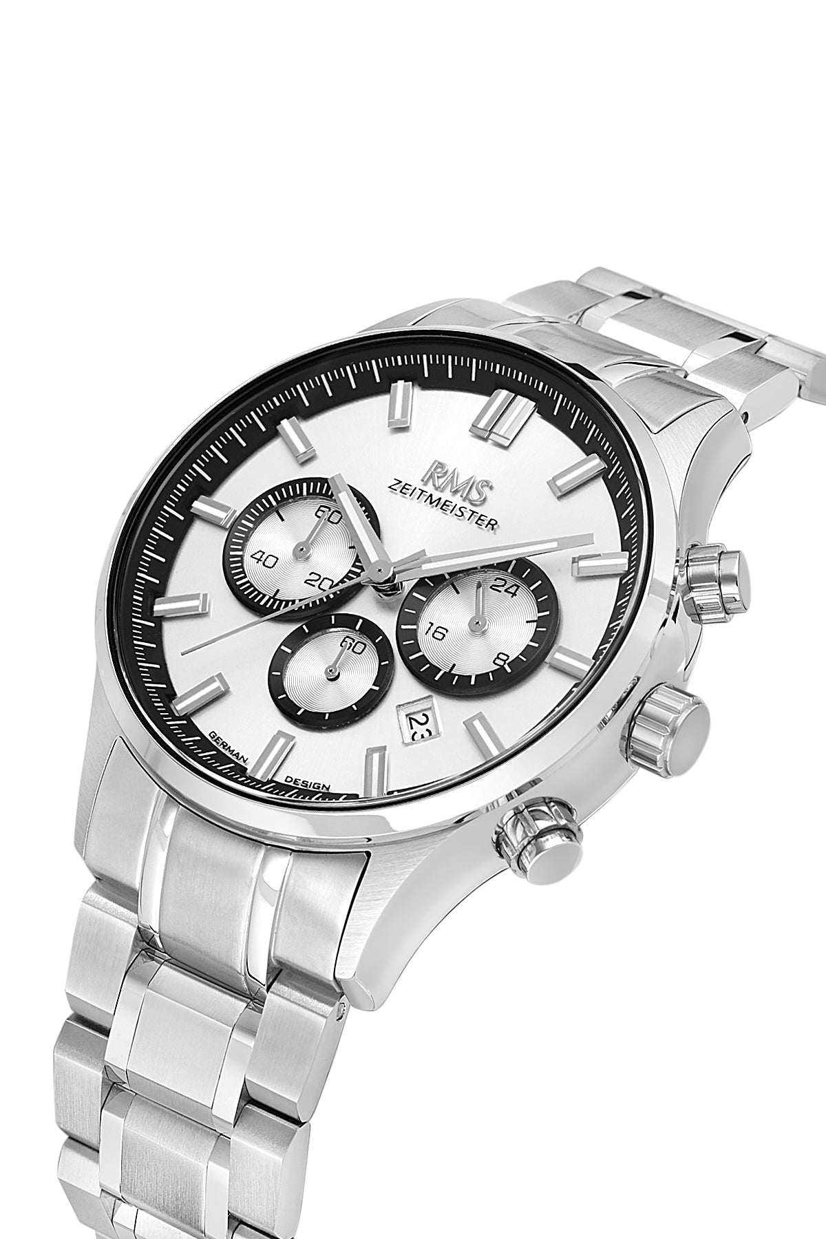 RMS Zeitmeister RMS.1.AG2196.10 men's watch with silver dial, silver case and stainless steel bracelet – angled view