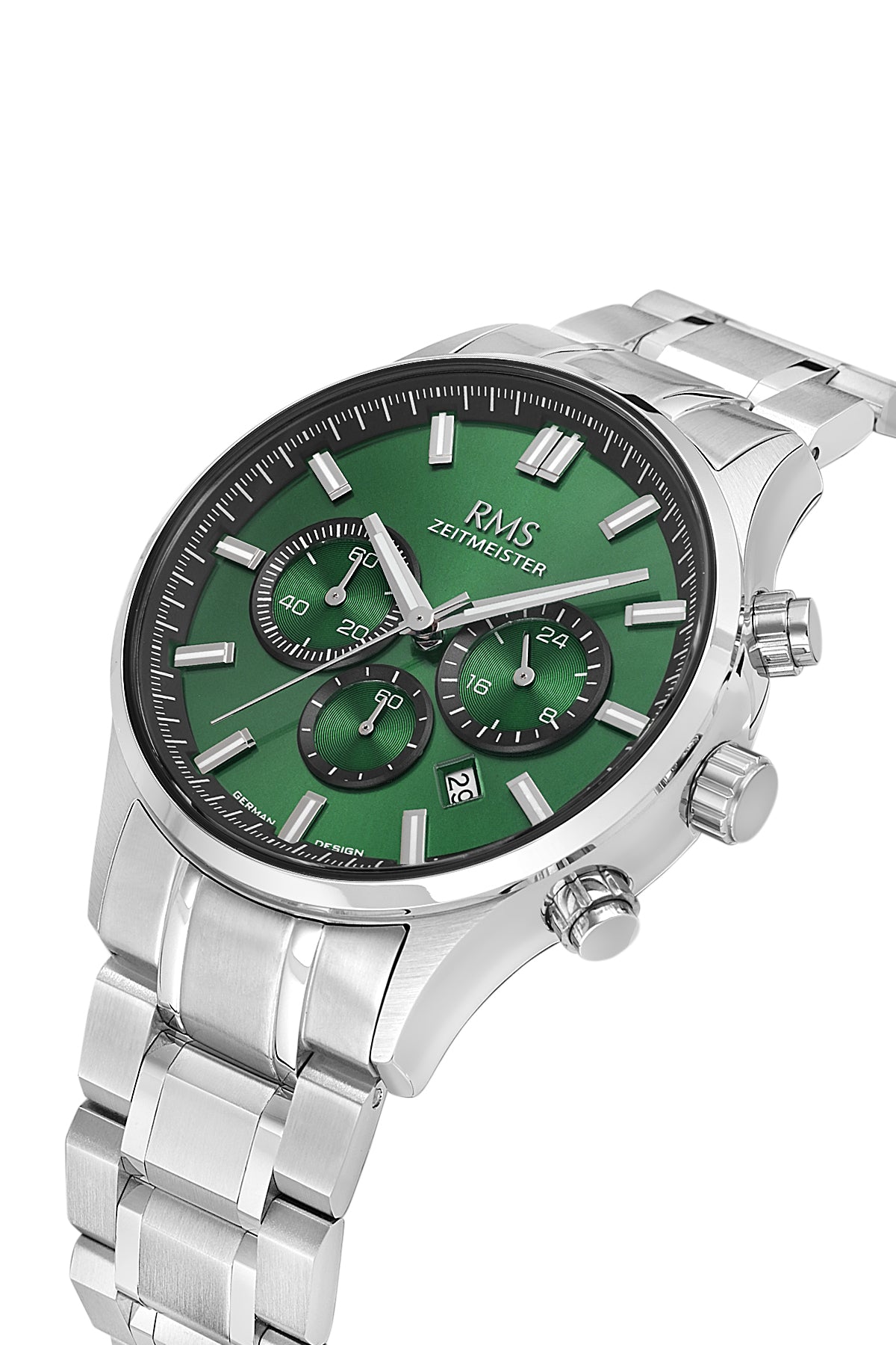 RMS Zeitmeister RMS.1.AG2196.19 men's watch with green dial, silver case and stainless steel bracelet – angled view