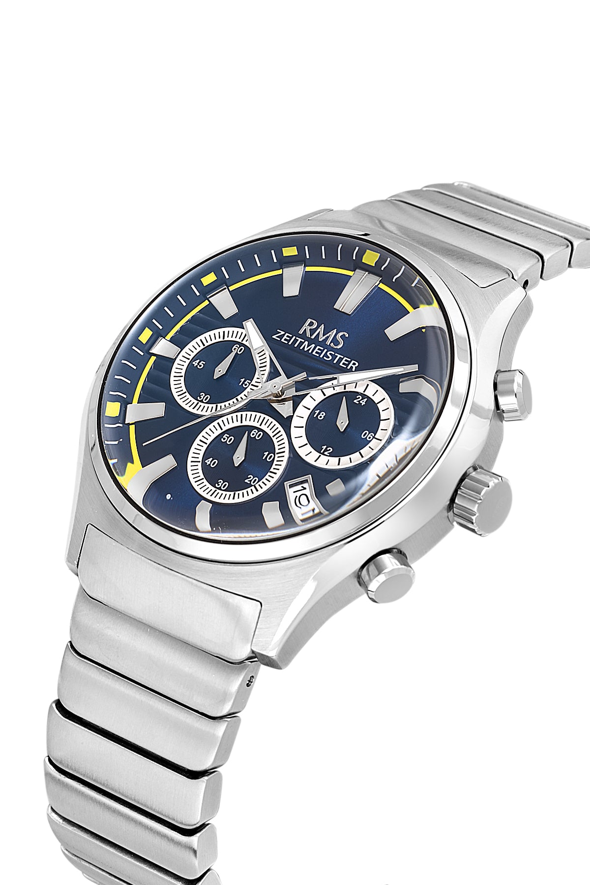 RMS Zeitmeister RMS.1.AG2201.118 men's watch with blue dial, silver case and stainless steel bracelet – angled view