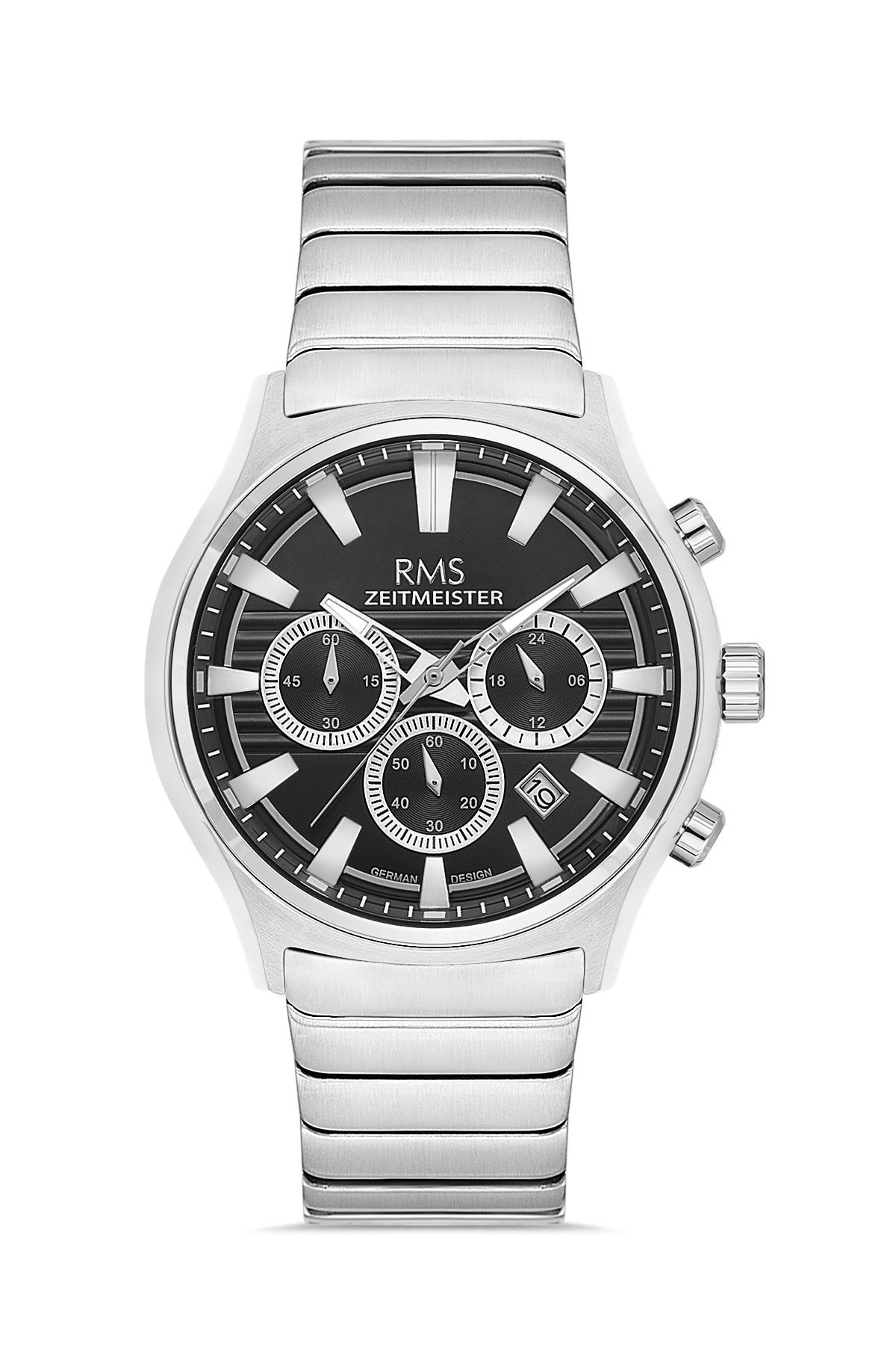 RMS Zeitmeister Black Dial Silver Plated Men's Watch - Stainless Steel Bracelet - RMS.1.AG2201.12