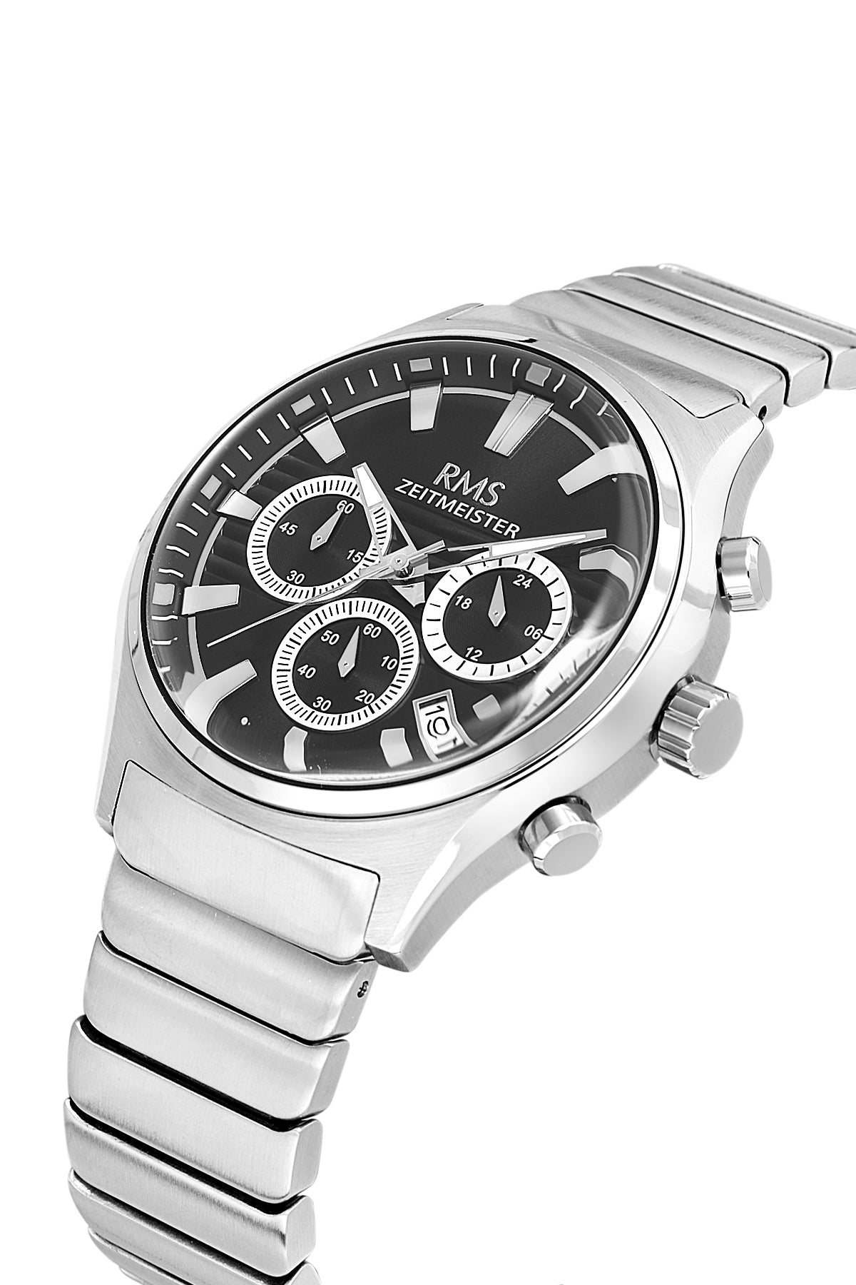 RMS Zeitmeister Black Dial Silver Plated Men's Watch - Stainless Steel Bracelet - RMS.1.AG2201.12