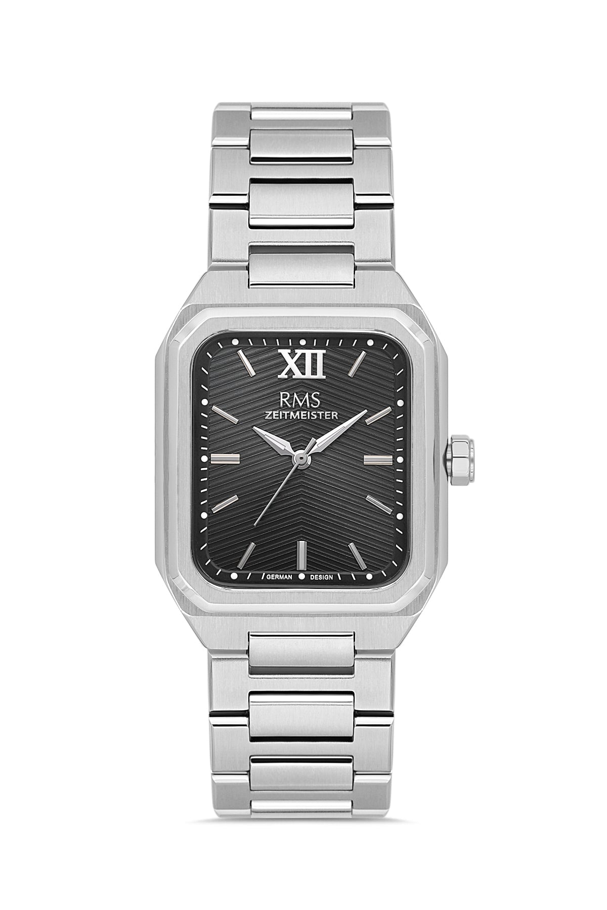 RMS Zeitmeister Black Dial Silver Plated Men's Watch - Stainless Steel Bracelet - RMS.1.AG2204.12