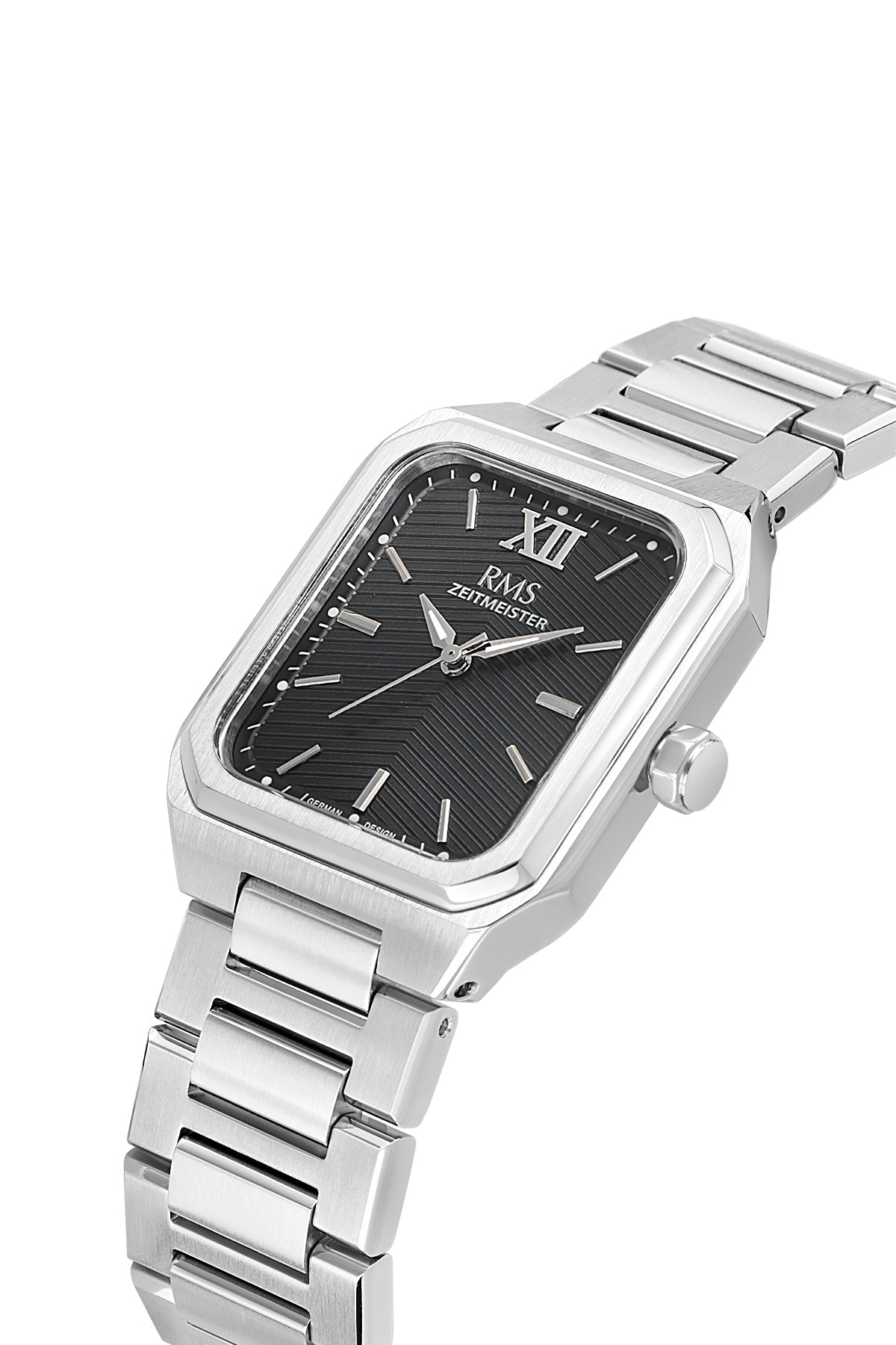 RMS Zeitmeister Black Dial Silver Plated Men's Watch - Stainless Steel Bracelet - RMS.1.AG2204.12