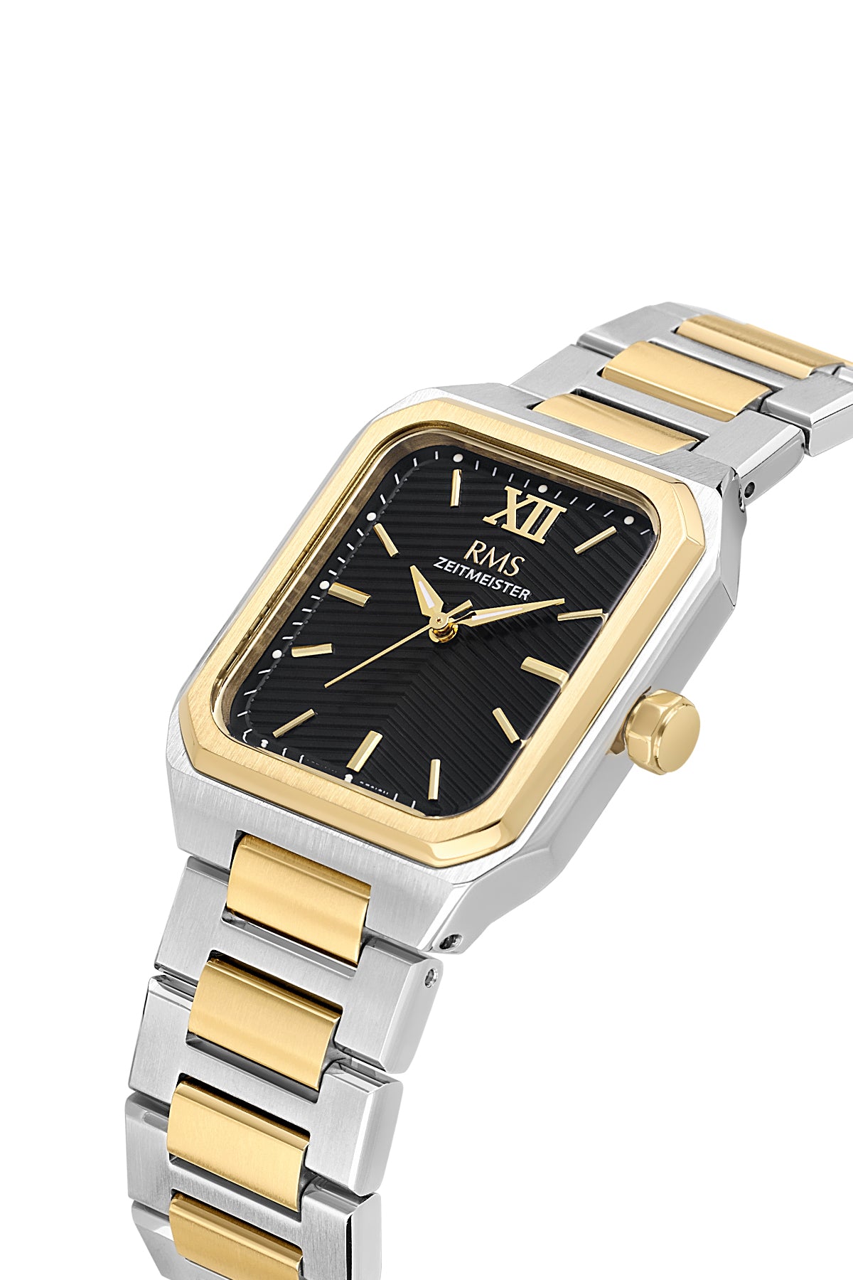 RMS Zeitmeister Black Dial Gold & Silver Plated Men's Watch - Stainless Steel Bracelet - RMS.1.AG2204.42