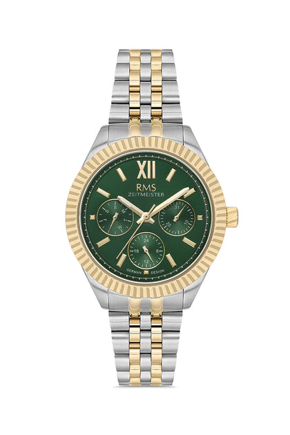 RMS Zeitmeister Green Dial Gold & Silver Plated Women's Watch - Stainless Steel Bracelet - RMS.1.AG2250.49