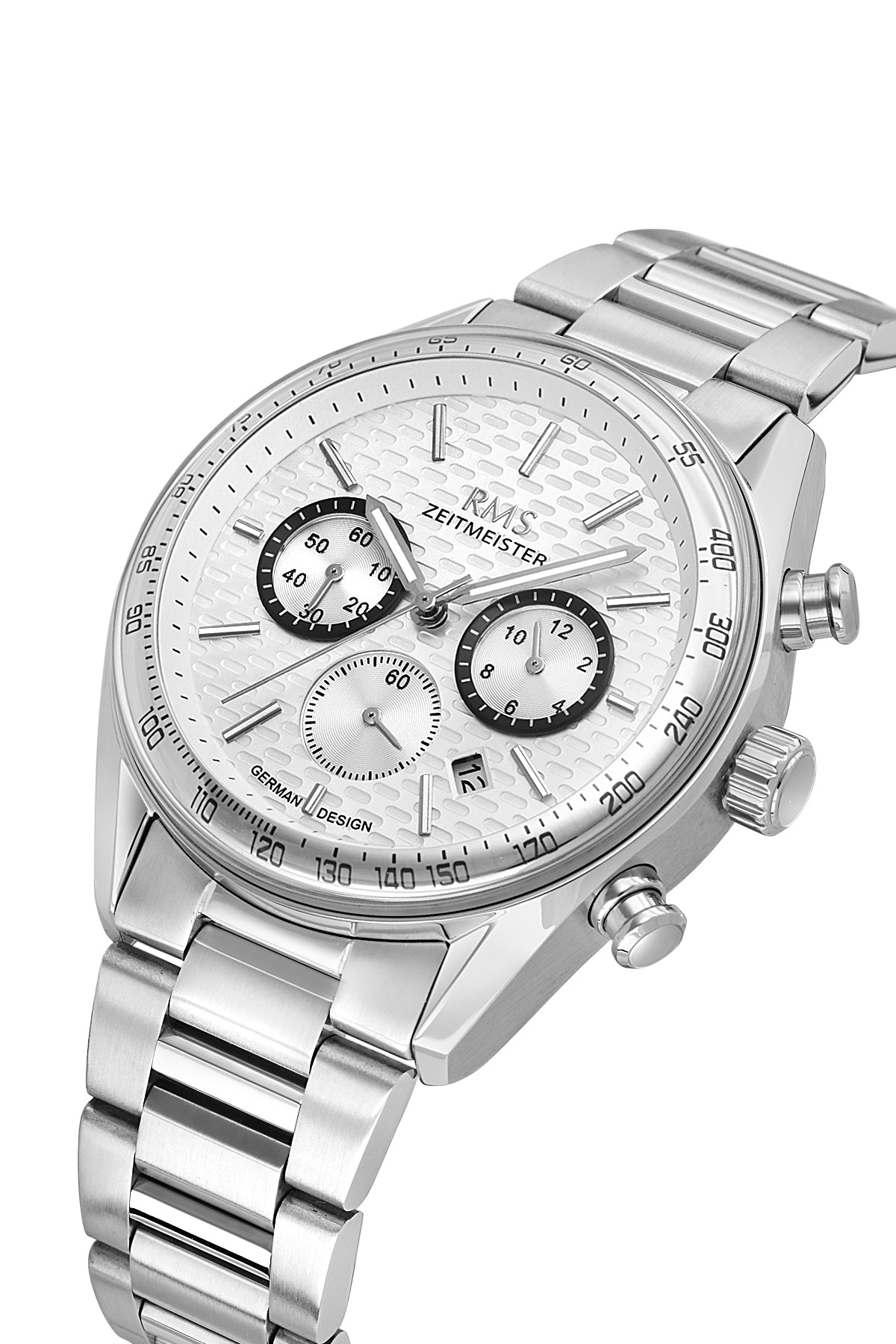 RMS Zeitmeister RMS.1.AG2144.10 men's watch with silver dial, silver case and stainless steel bracelet – angled view
