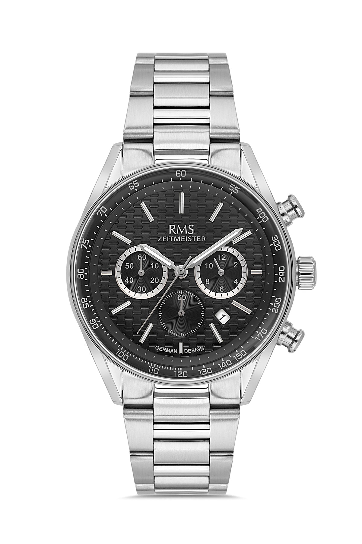 RMS Zeitmeister RMS.1.AG2144.12 men's watch with black dial, silver case and stainless steel bracelet