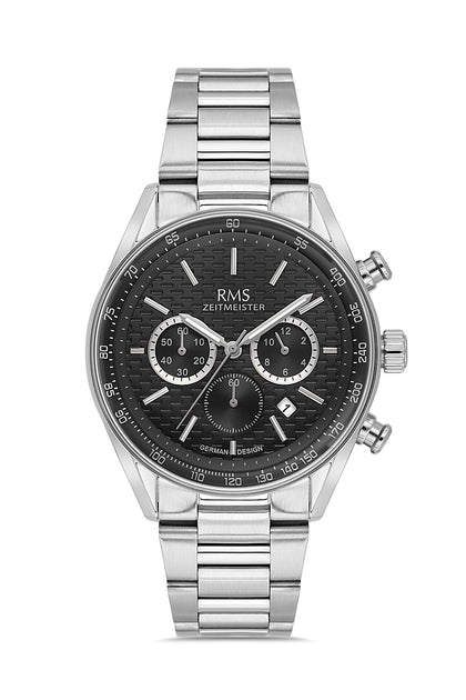 RMS Zeitmeister Black Dial Silver Plated Men's Watch - Stainless Steel Bracelet - RMS.1.AG2144.12