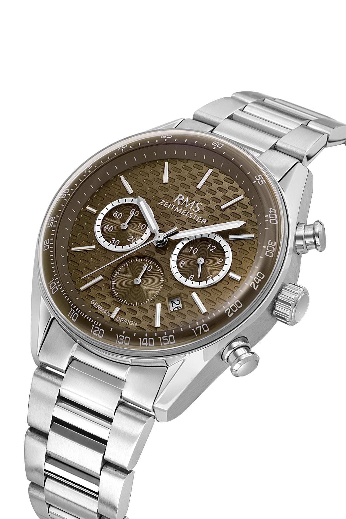 RMS Zeitmeister RMS.1.AG2144.17 men's watch with brown dial, silver case and stainless steel bracelet – angled view