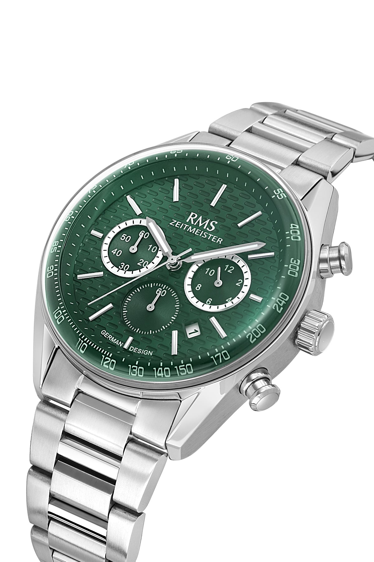 RMS Zeitmeister RMS.1.AG2144.19 men's watch with green dial, silver case and stainless steel bracelet – angled view