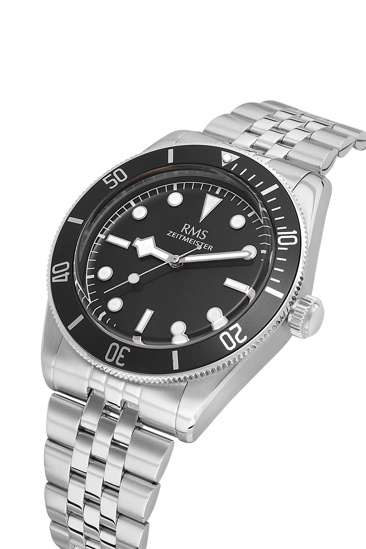 RMS Zeitmeister Black Dial Silver Plated Men's Watch - Stainless Steel Bracelet - RMS.1.AG2192.12