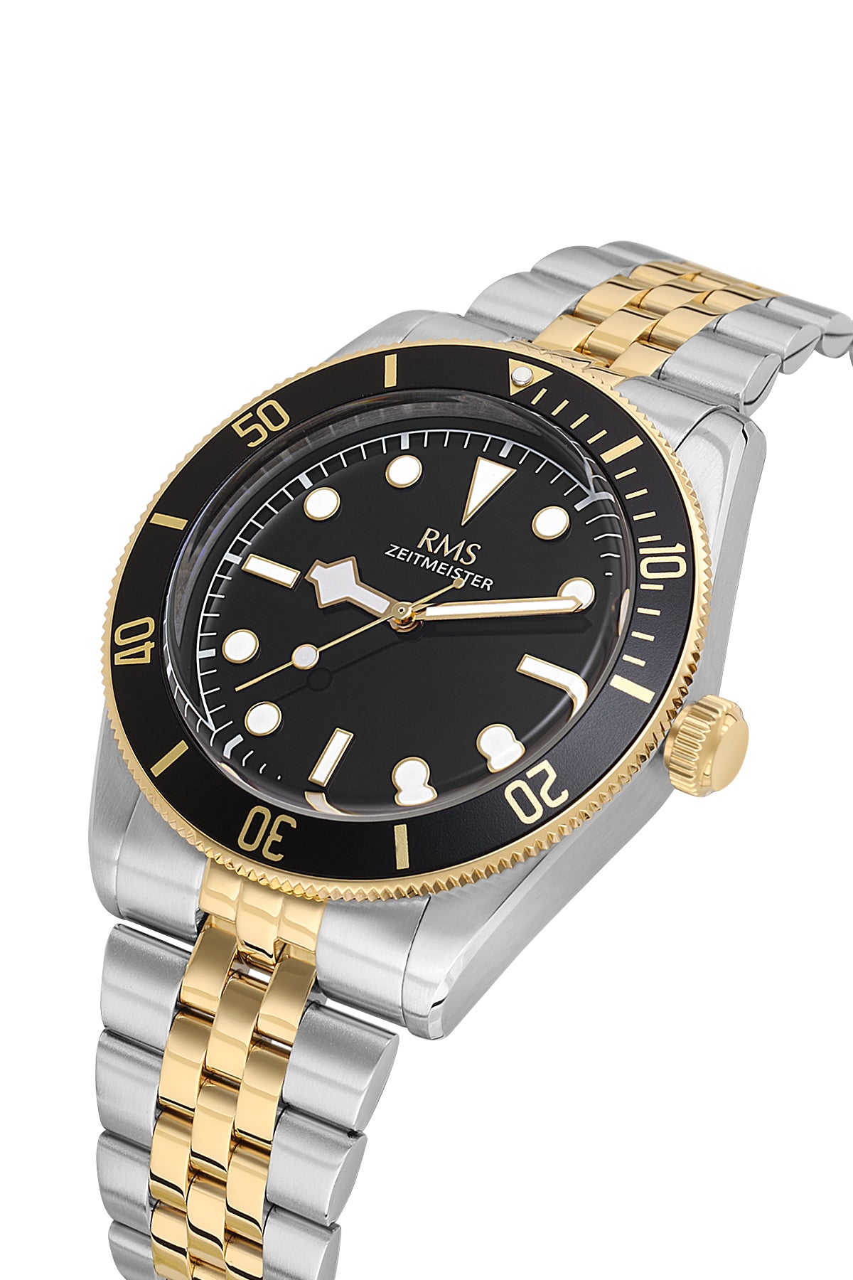 RMS Zeitmeister Black Dial Gold & Silver Plated Men's Watch - Stainless Steel Bracelet - RMS.1.AG2192.42