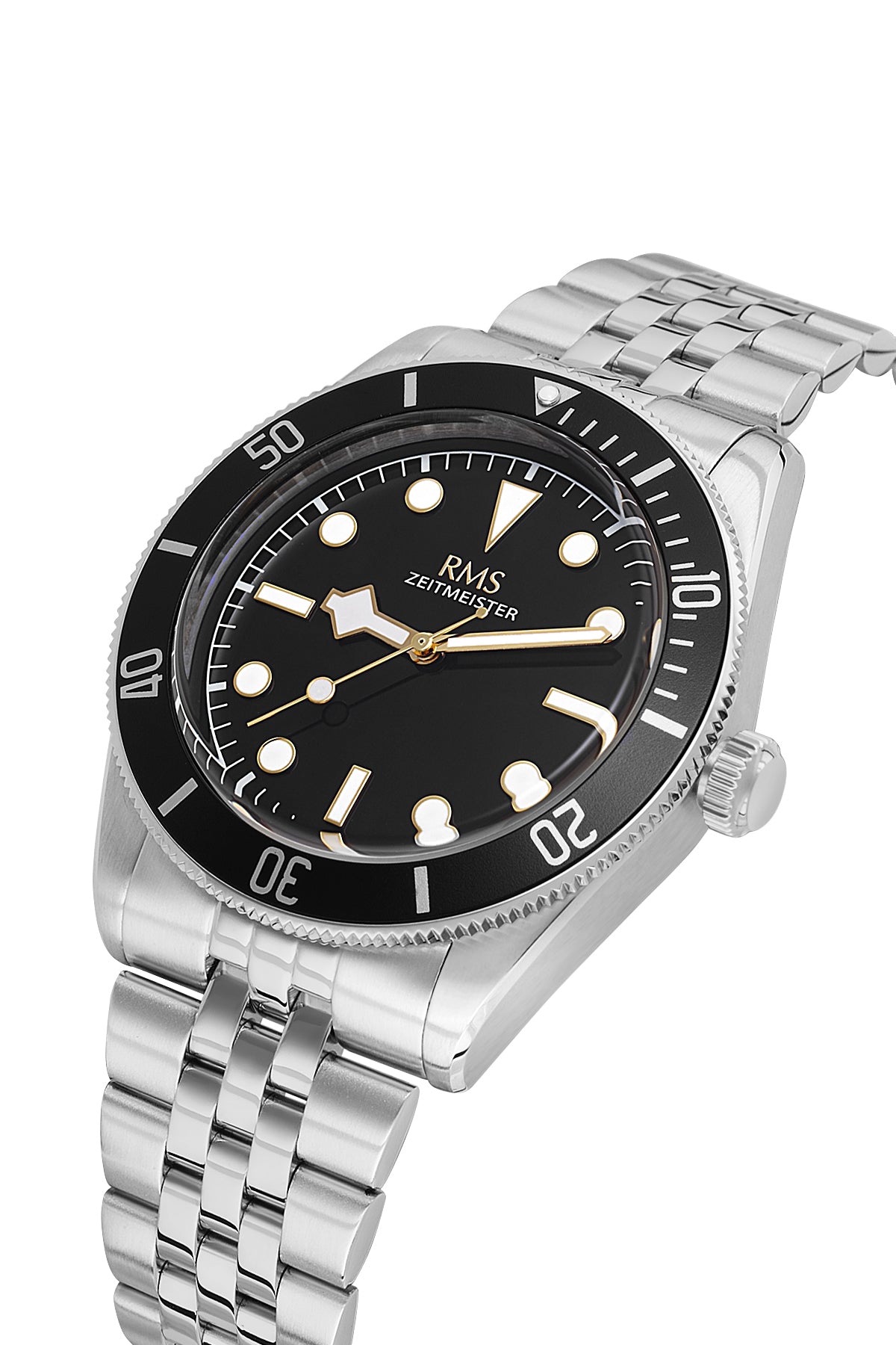 RMS Zeitmeister Black Dial Silver Plated Men's Watch - Stainless Steel Bracelet - RMS.1.AG2192.92