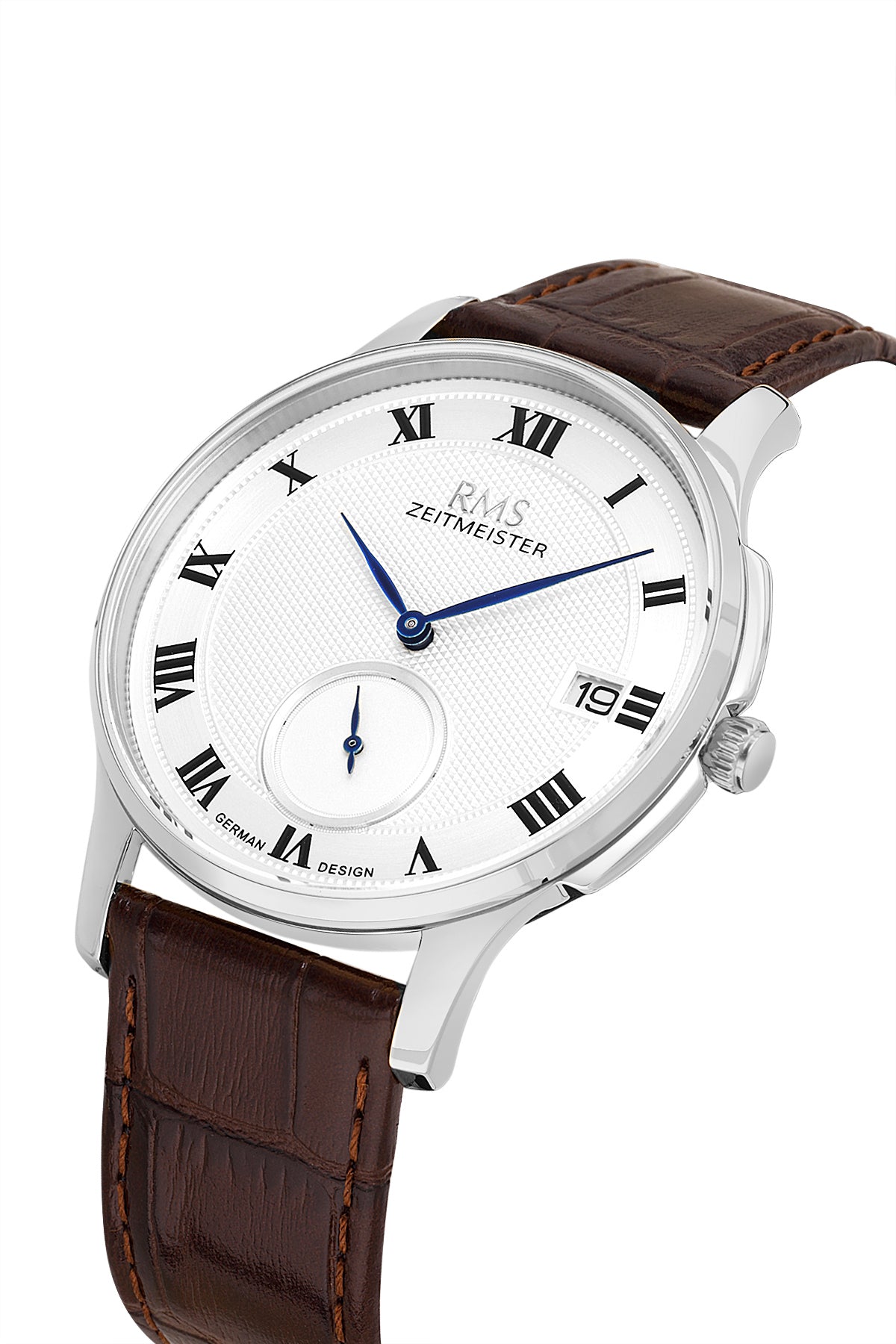RMS Zeitmeister Silver Dial Silver Plated Men's Watch - Brown Genuine Leather Strap - RMS.1.AG2215.110