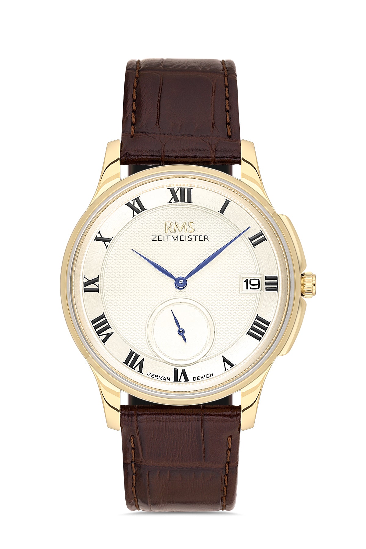 RMS Zeitmeister Silver Dial Gold Plated Men's Watch - Brown Genuine Leather Strap - RMS.1.AG2215.160