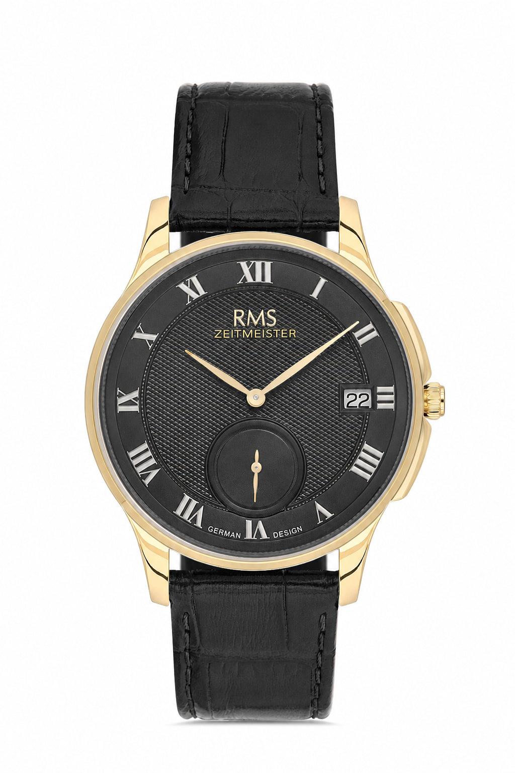 RMS Zeitmeister Black Dial Gold Plated Men's Watch - Black Genuine Leather Strap - RMS.1.AG2215.172