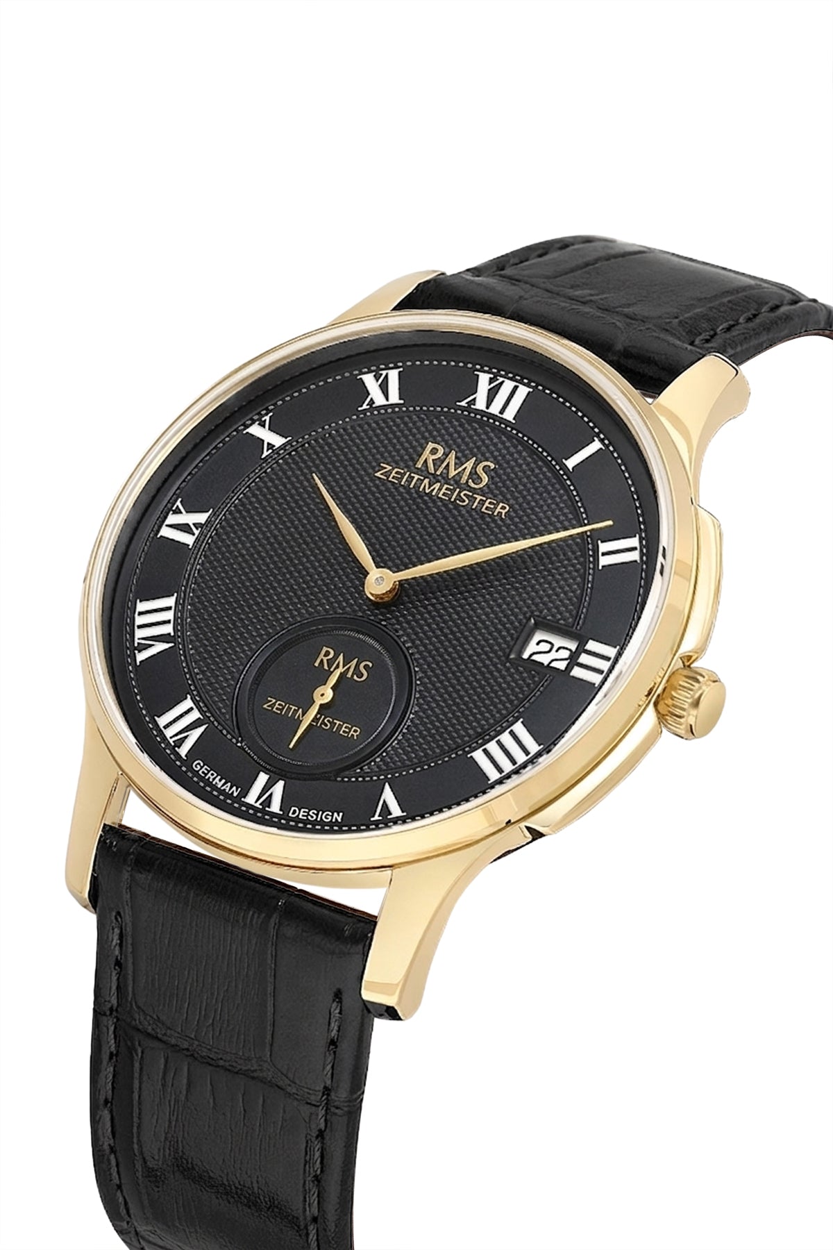 RMS Zeitmeister Black Dial Gold Plated Men's Watch - Black Genuine Leather Strap - RMS.1.AG2215.172