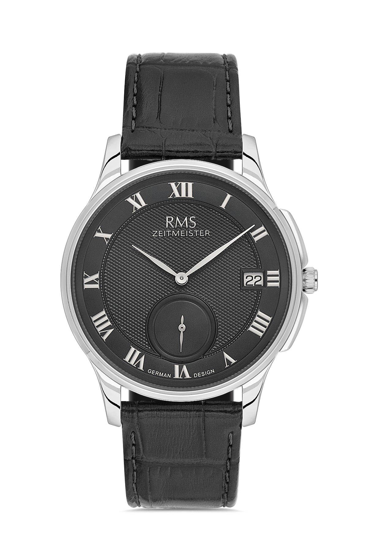 RMS Zeitmeister Black Dial Silver Plated Men's Watch - Black Genuine Leather Strap - RMS.1.AG2215.92
