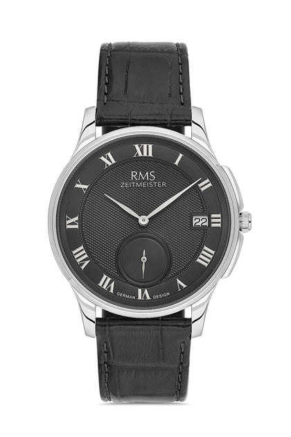 RMS Zeitmeister Black Dial Silver Plated Men's Watch - Black Genuine Leather Strap - RMS.1.AG2215.92