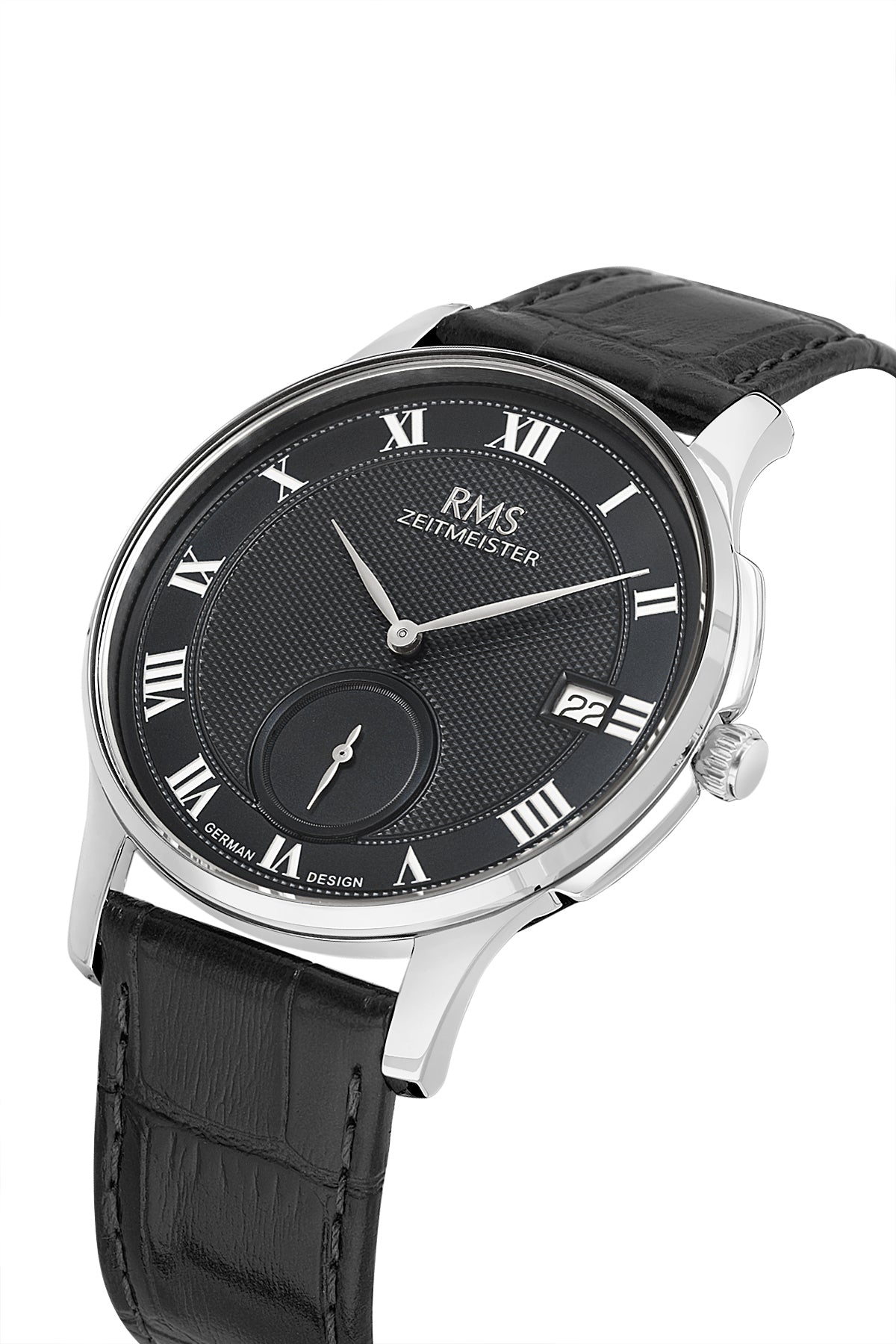 RMS Zeitmeister Black Dial Silver Plated Men's Watch - Black Genuine Leather Strap - RMS.1.AG2215.92