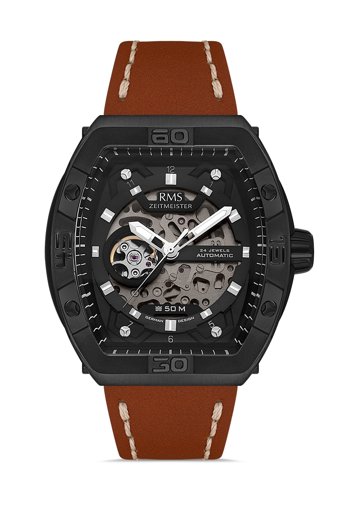 RMS Zeitmeister Black Dial Black Plated Men's Watch - Brown Genuine Leather Strap - RMS.1.AG2235.202