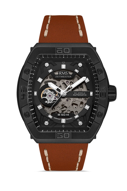 RMS Zeitmeister Black Dial Black Plated Men's Watch - Brown Genuine Leather Strap - RMS.1.AG2235.202