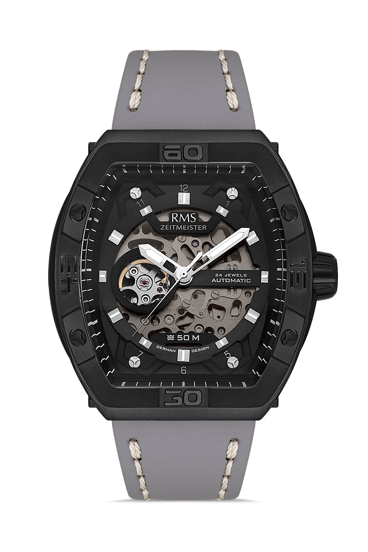 RMS Zeitmeister Black Dial Black Plated Men's Watch - Grey Genuine Leather Strap - RMS.1.AG2235.232
