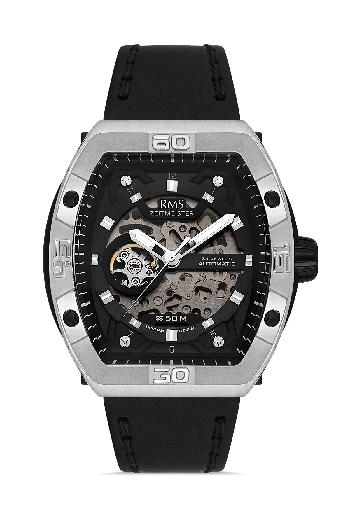 RMS Zeitmeister Black Dial Silver Plated Men's Watch - Black Genuine Leather Strap - RMS.1.AG2235.92