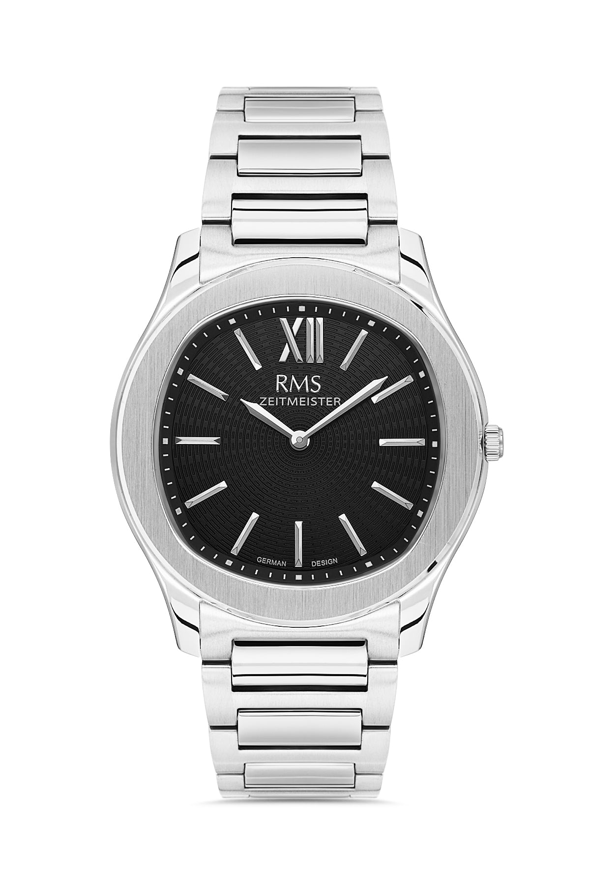 RMS Zeitmeister Black Dial Silver Plated Men's Watch - Stainless Steel Bracelet - RMS.1.AG2218.12