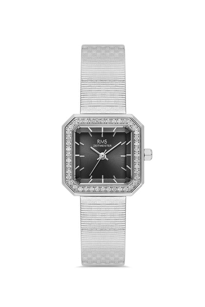 RMS Zeitmeister Black Dial Silver Plated Women's Watch - Stainless Steel Mesh Bracelet - RMS.1.AG2190.12