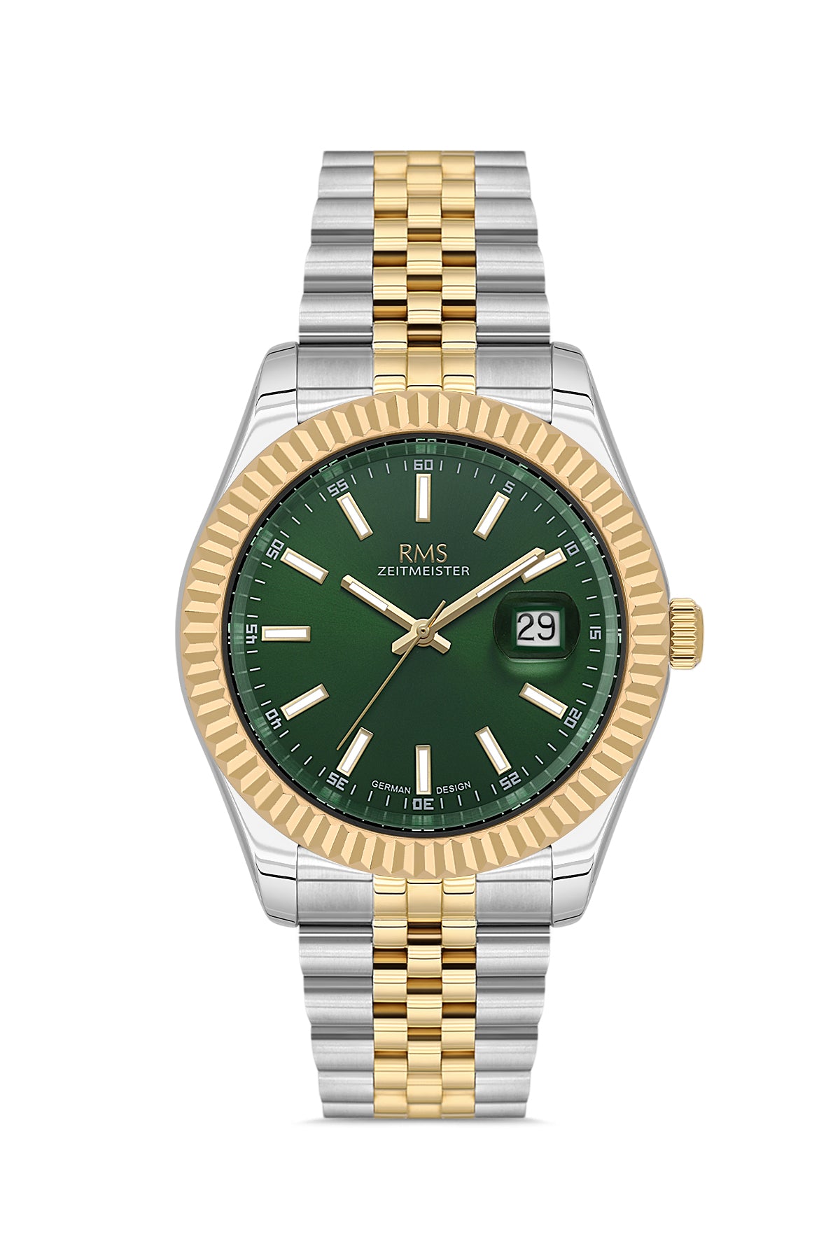 RMS Zeitmeister RMS.1.AG2147.49 men's watch with green dial, two-tone case and stainless steel bracelet