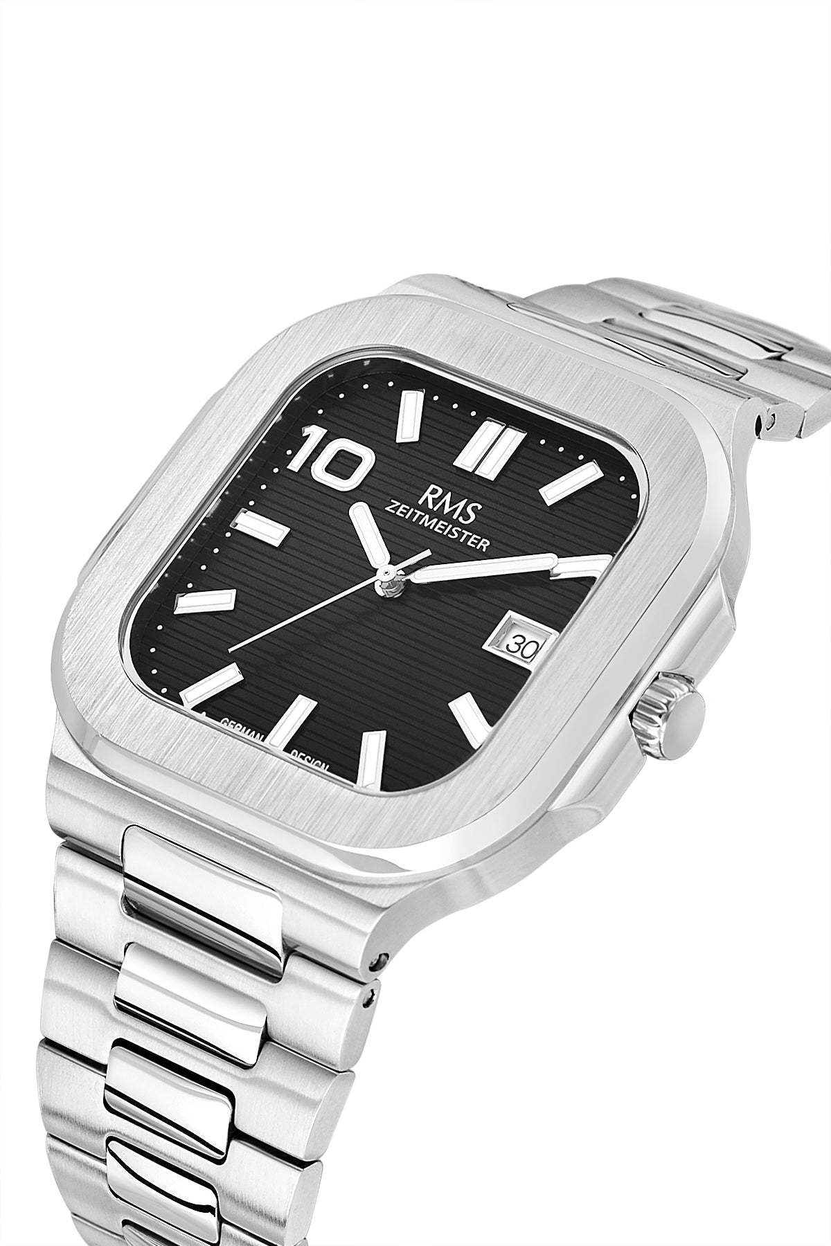 RMS Zeitmeister RMS.1.AG2099.12 men's watch with black dial, silver case and stainless steel bracelet – angled view