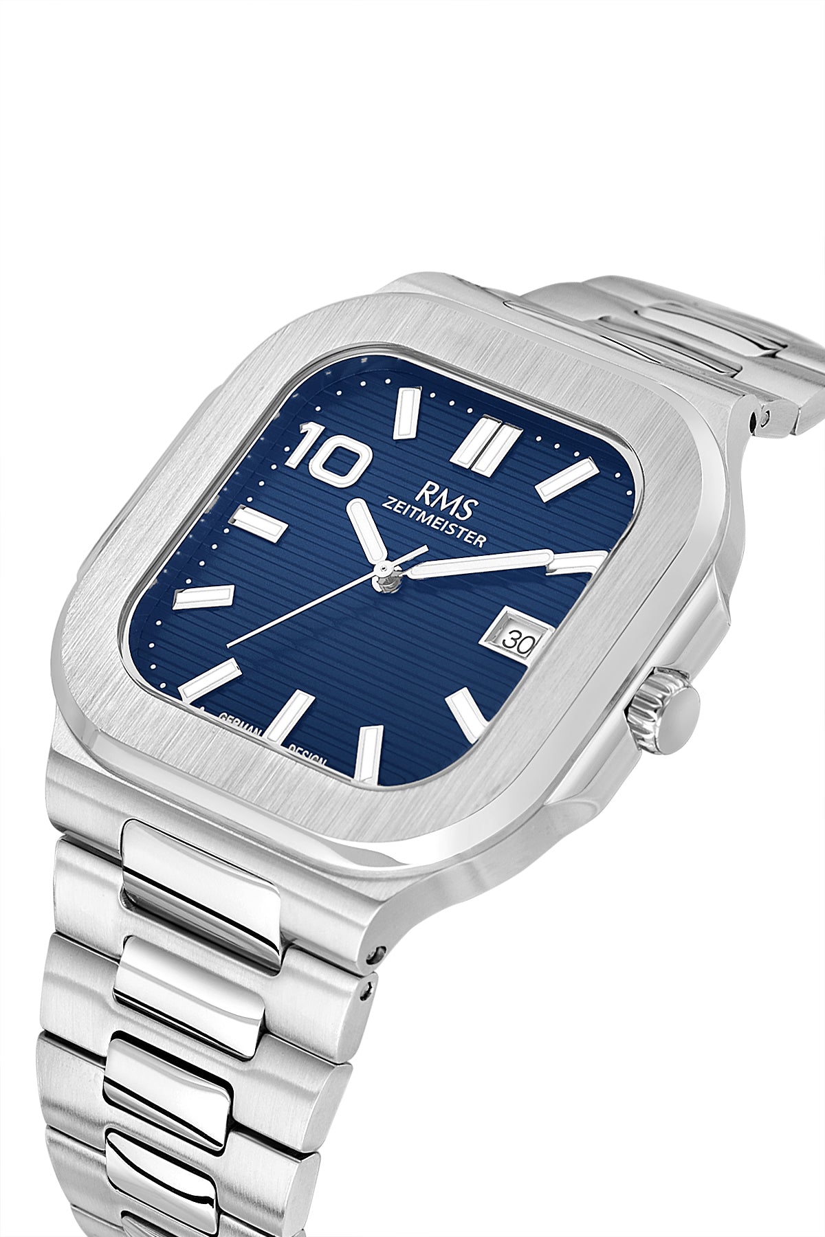 RMS Zeitmeister RMS.1.AG2099.13 men's watch with blue dial, silver case and stainless steel bracelet – angled view