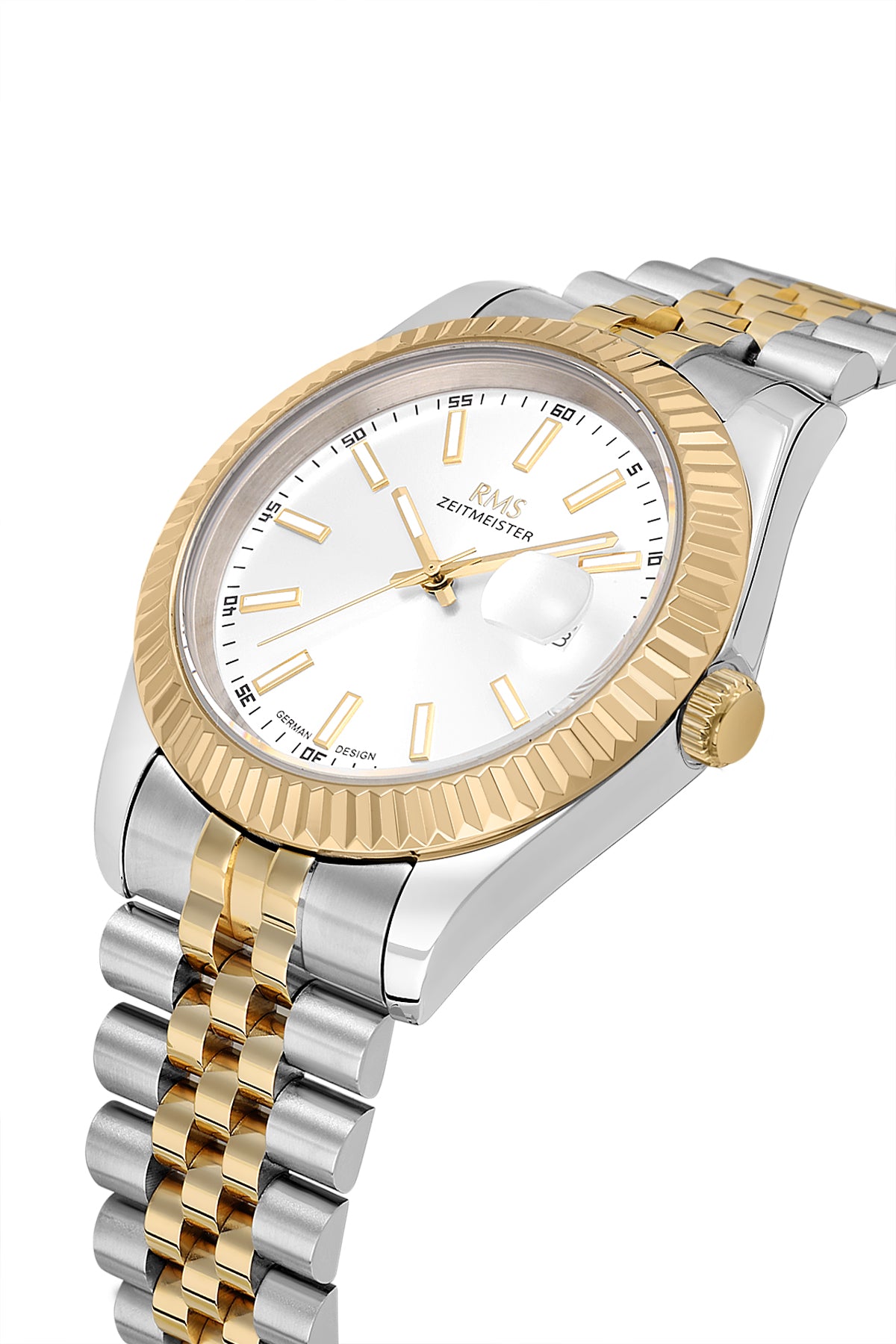 RMS Zeitmeister RMS.1.AG2147.40 men's watch with silver dial, two-tone case and stainless steel bracelet – angled view