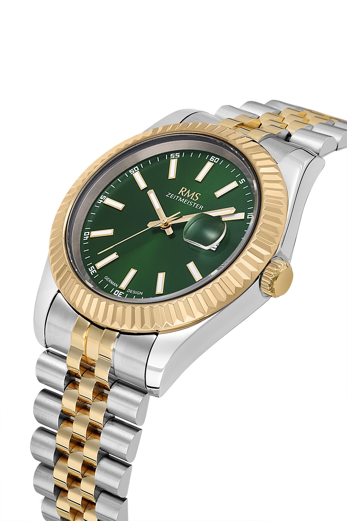 RMS Zeitmeister RMS.1.AG2147.49 men's watch with green dial, two-tone case and stainless steel bracelet – side view