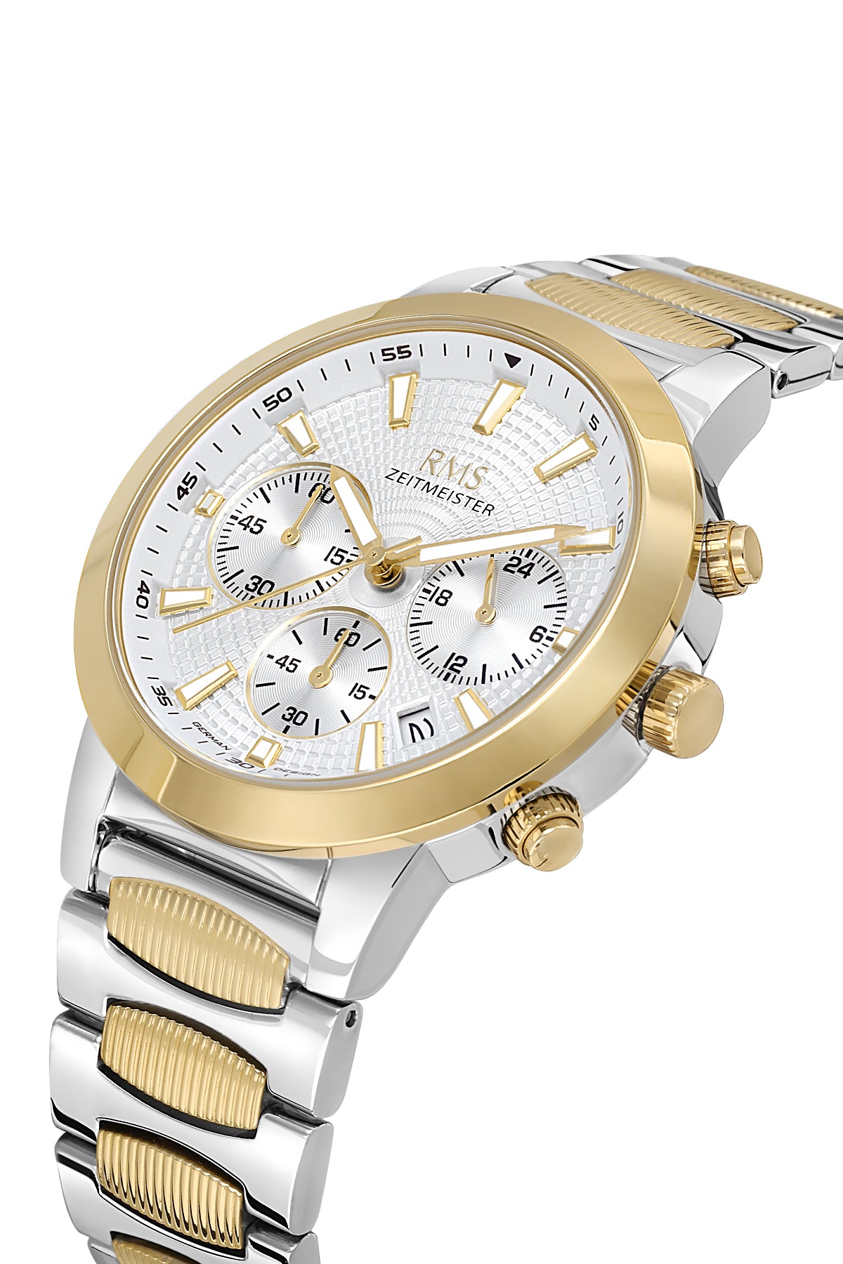 RMS Zeitmeister RMS.1.AG2150.40 men's watch with silver dial, two-tone case and stainless steel bracelet – angled view