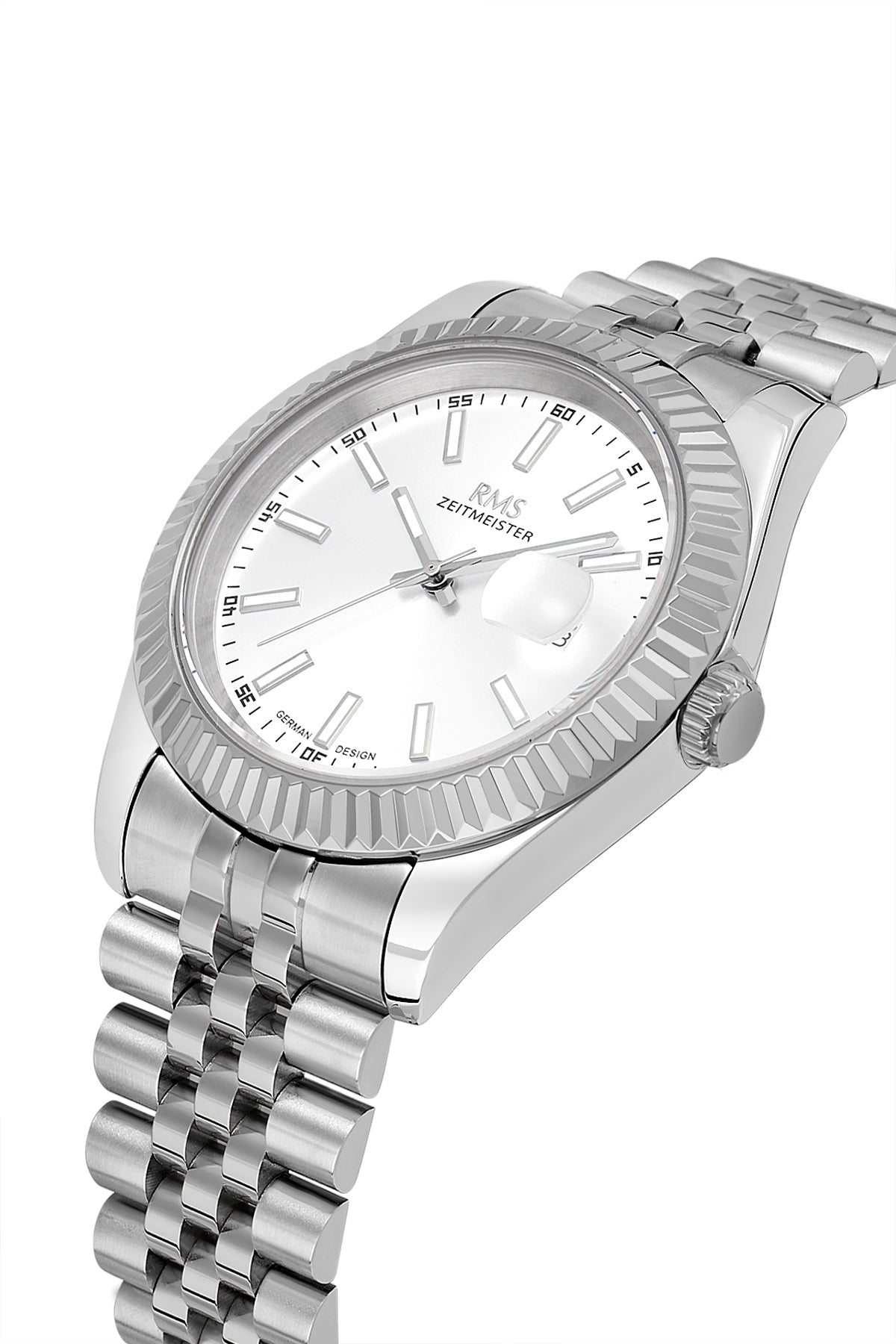RMS Zeitmeister RMS.1.AG2147.10 men's watch with silver dial, silver case and stainless steel bracelet – angled view