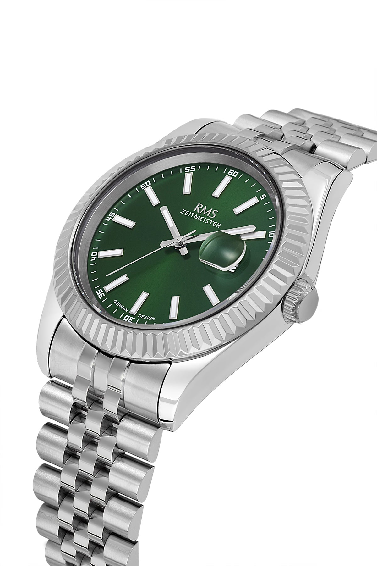 RMS Zeitmeister RMS.1.AG2147.19 men's watch with green dial, silver case and stainless steel bracelet – angled view