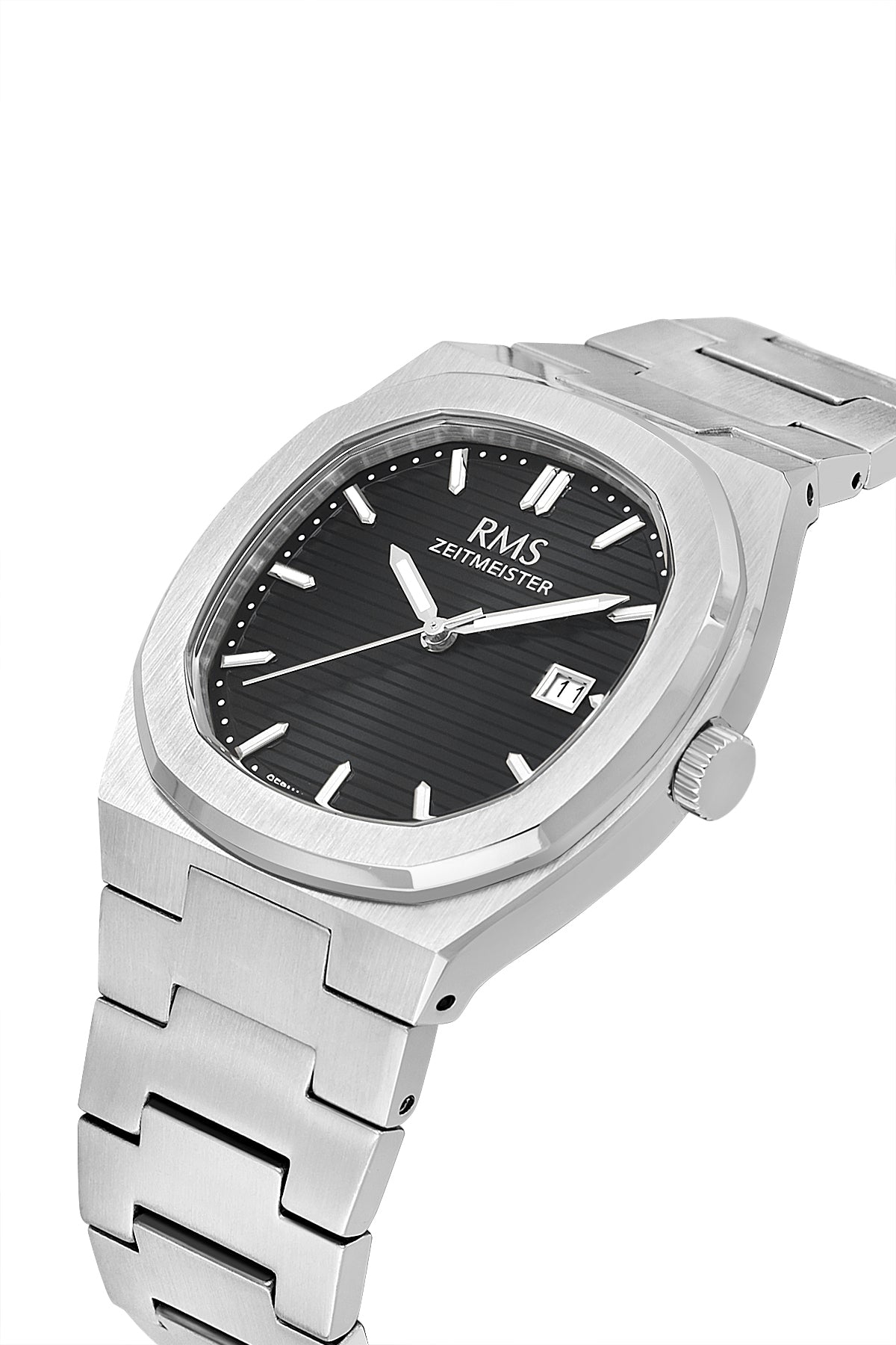RMS Zeitmeister RMS.1.AG2172.12 men's watch with black dial, silver case and stainless steel bracelet – angled view
