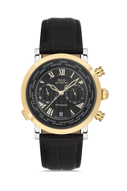 RMS Zeitmeister Black Dial Gold Plated Men's Watch - Black Genuine Leather Strap - RMS.1.AG2178.42