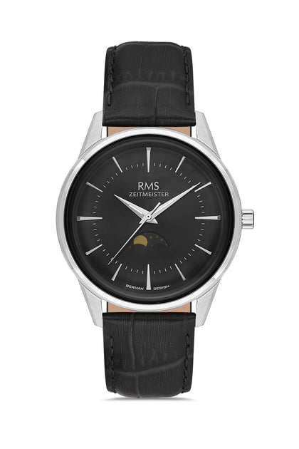 RMS Zeitmeister Black Dial Silver Plated Men's Watch - Black Genuine Leather Strap - RMS.1.AG2194.92