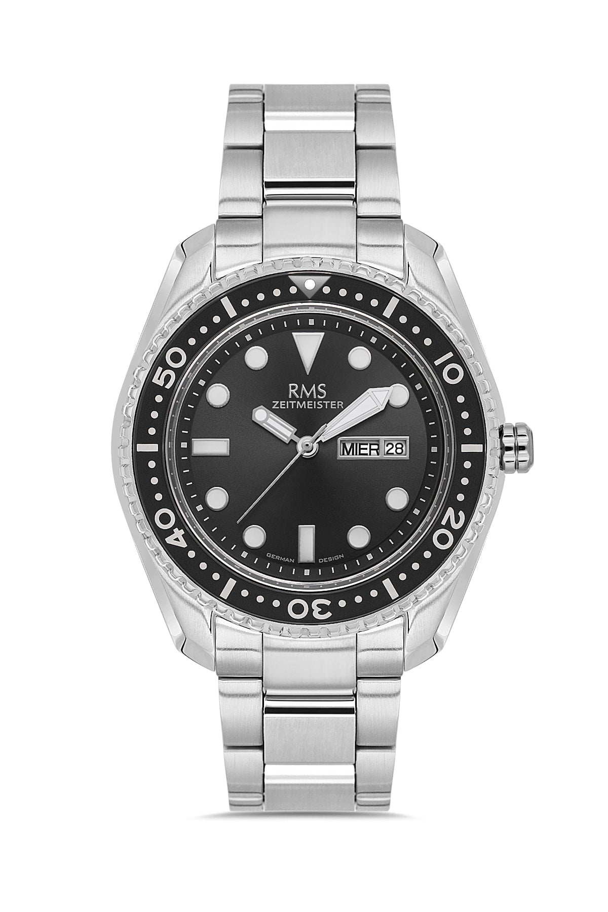 RMS Zeitmeister RMS.1.AG2133.12 men's watch with black dial, silver case and stainless steel bracelet