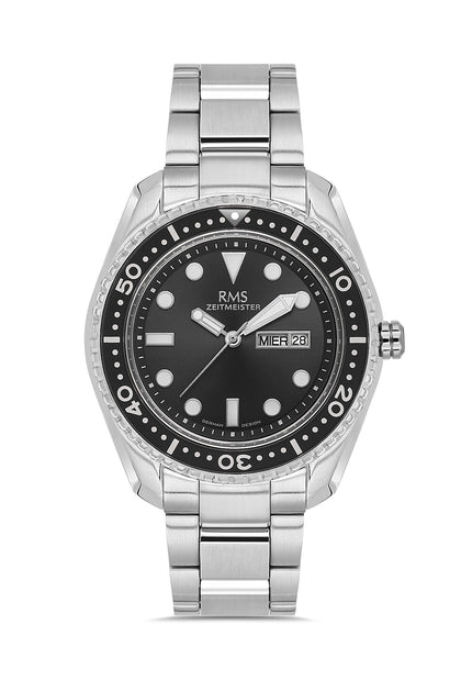 RMS Zeitmeister Black Dial Silver Plated Men's Watch - Stainless Steel Bracelet - RMS.1.AG2133.12