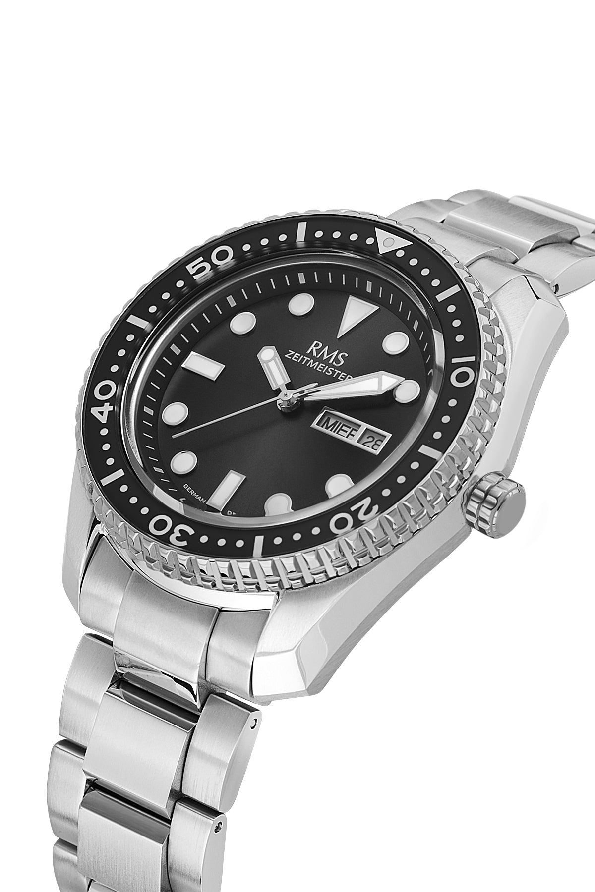 RMS Zeitmeister Black Dial Silver Plated Men's Watch - Stainless Steel Bracelet - RMS.1.AG2133.12