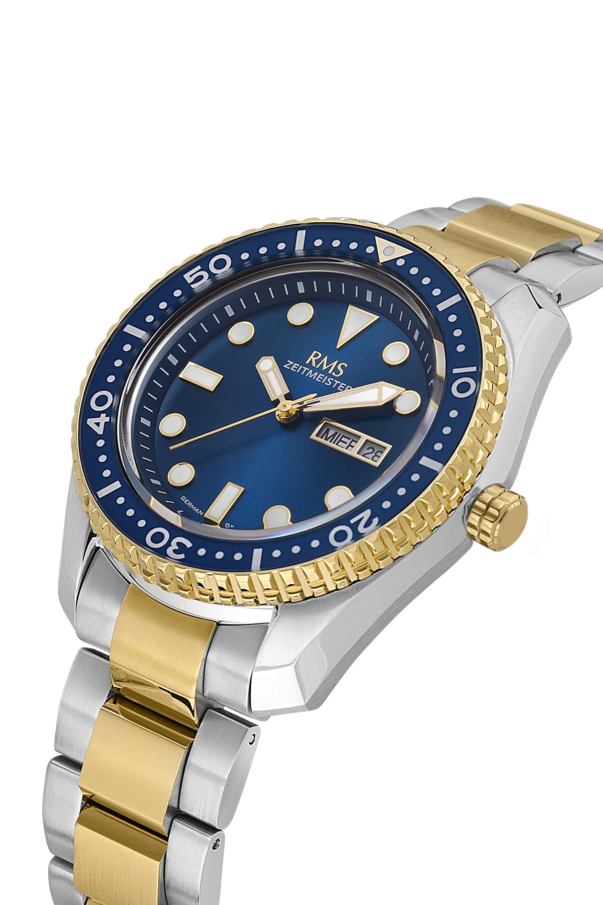 RMS Zeitmeister Blue Dial Gold & Silver Plated Men's Watch - Stainless Steel Bracelet - RMS.1.AG2133.43
