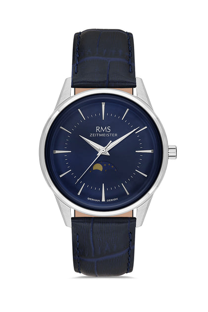 RMS ZEITMEISTER Herrenuhr – marineblaues Zifferblatt, Gehäuse in Silber, Echtlederarmband – RMS.1.AG2194.103
