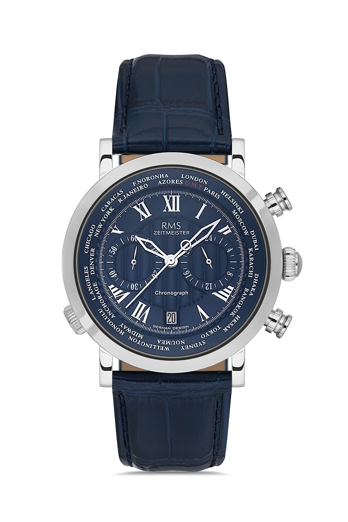 RMS Men's Blue Dial Silver Chronograph Leather Watch - RMS.1.AG2178.103
