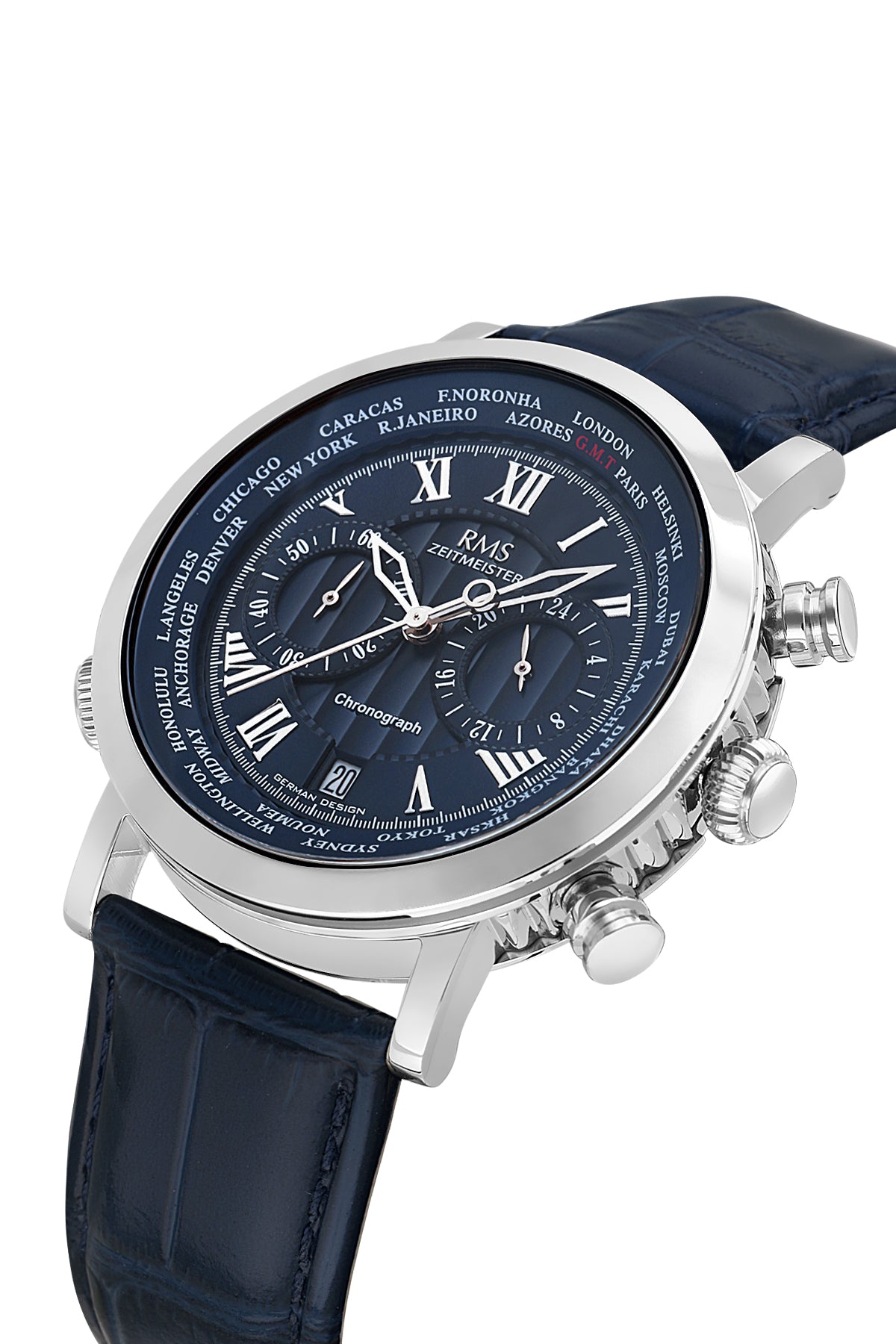 RMS Men's Blue Dial Silver Chronograph Leather Watch - RMS.1.AG2178.103